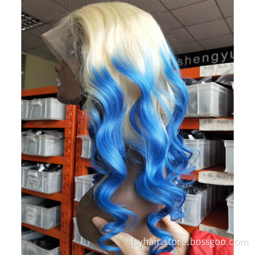 Custom Highlight Blue Color 100% Brazilian Human Hair Wig Unit, Custom Wavy Human Hair Wigs For African American